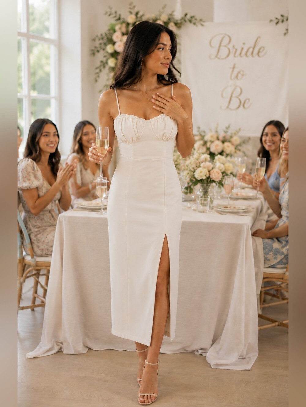 Lena Ursella Sleeveless Fitted Corset Midi Dress in Cream Bridal Women's Medium